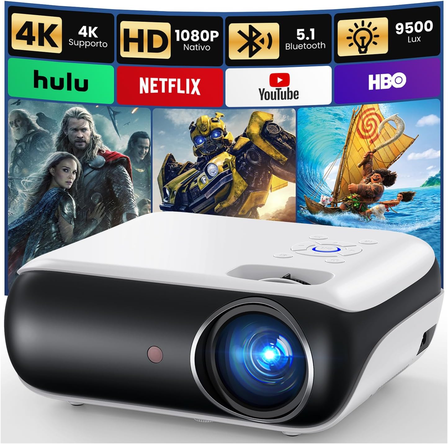 HAPPRUN H1 Projetores portátil 1080P nativo, projetor 4K, Bluetooth 5.1 para exteriores, compatível com TV Stick, smartphone, portátil, HDMI, USB
